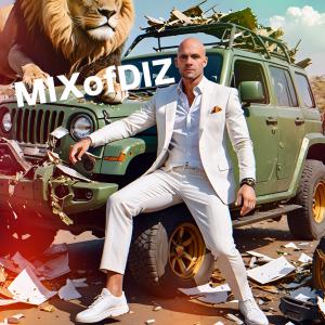 The artist MIXofDIZ poses in front of a smashed up green jeep amongst trash in the desert with a large lion perched beside him on the car like a pet