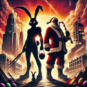 A destructive giant Easter bunny stands back to back with Giant Santa in the foreground of a ruined city on the cover art for Stand Tall a MIXofDIZ music single