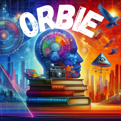 An AI generated logo featuring bright reds and oranges and a futuristic facile in a side profile position and the t=word Orbie above the face