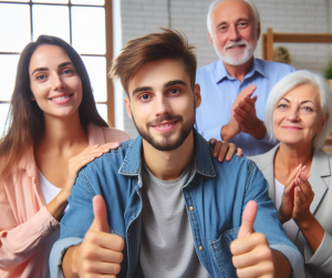 AI generated image of a man in sitting in front of his family giving the thumbs up for success.