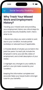 A mobile phone screen with the Quilia app displaying guidance on tracking missed work and employment history for Social Security Disability cases.