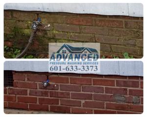 Before and after results of professional pressure washing by Advanced Pressure Washing Services LLC, showcasing the removal of green mold, algae, and dirt from a brick wall. This service effectively restores the brick's original appearance and protects ag