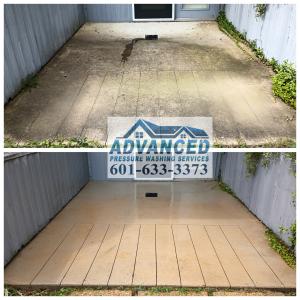 Before and after results of professional residential concrete pressure washing by Advanced Pressure Washing Services LLC, highlighting the removal of dirt, algae, and deep stains from a concrete patio. This service restores the surface to a clean, fresh l