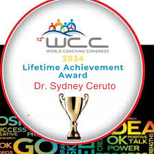 World Coaching Congress 2024 Lifetime Achievement Award presented to Dr. Sydney Ceruto, featuring a gold trophy icon and colorful figures in the award logo.