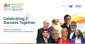 A group photo collage of eminent speakers at the Amritkaal Mentors Movement launch, including Sadhguru, Dr. Velumani Arokiaswamy, Geetha Kannan, Navi Radjou and other renowned leaders, with a celebrated background and the tagline "Celebrating Success Toge