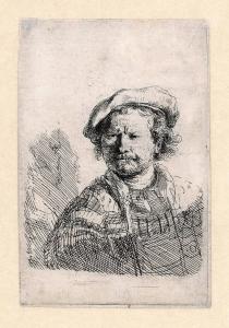 Rembrandt self portrait wearing a flat cap etching printed in black and white