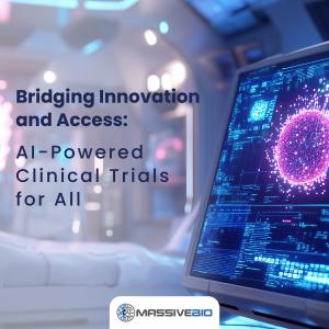 Futuristic medical setting with a digital screen displaying AI-generated molecular structures, accompanied by the text 'Bridging Innovation and Access: AI-Powered Clinical Trials for All,' and the Massive Bio logo in the corner.