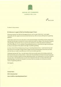 A letter from Carolyn Harris, MP, on House of Commons letterhead, supporting the Red Card Gambling Support Project, highlighting its role in addressing gambling addiction and raising awareness.