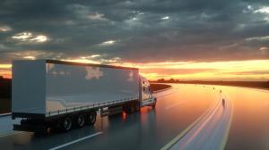 A semi-truck on a highway at sunset, on its way to a convenient and secure location with TXS.