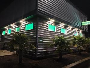 Nighttime exterior of Cannabis 21 dispensary in Aberdeen, showcasing modern metal architecture, green LED-lit windows, and tropical palm trees for a premium cannabis shopping experience.