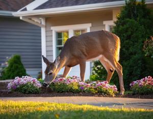 A deer eating the beautiful, pink flowers in front of a suburban residence, causing deer damage to this landscape..