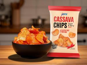 Image of Jans Cassava Sweet & Spicy Chili Chips Balado packaging, featuring vibrant colors and bold design. The chips are presented as a healthy and flavorful snack option with a sweet and spicy chili flavor.