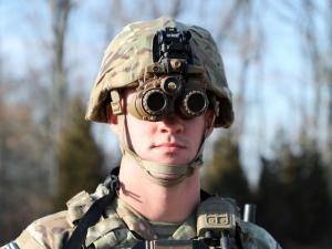 A U.S. Soldier wears an Enhanced Night Vision Goggle - Binocular (ENVG-B).