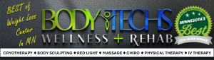 Body Techs Wellness + Rehab logo with a "Minnesota’s Best 2024 Silver Winner" badge, highlighting award-winning services including cryotherapy, body sculpting, red light therapy, massage, chiropractic care, physical therapy, and IV therapy. Recognized as 