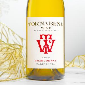 Tornabene Chardonnay: A bottle of Tornabene Wine 2022 Chardonnay, a crisp and elegant white wine with bright golden tones, set against a refined backdrop highlighting its award-winning status.