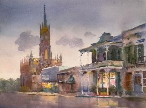 "The Rain On Main Goes Mostly Down The Drain", a watercolor by Wyatt Waters, 2024. The image depicts a rainy view of Main Street in Downtown Natchez. Image from Wyatt Waters Gallery Facebook page.