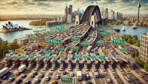 An AI generated humorous image of Sydney CDB skyline and Harbour Bridge in the background and in the foreground is a huge multi landed highway covered in toll booths.