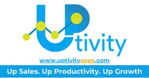 Uptivity banner with website listed and tagline, Up Sales, Up Productivity, Up Growth