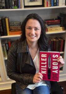 Author Claire St. Amant holding a copy of her memoir Killer Story: The Truth Behind True Crime Television