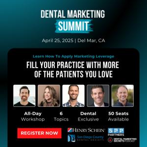 The Dental Marketing Summit will be held on April 25, 2025 in Del Mar, CA, and will provides hands-on training to help grow your dental practice.