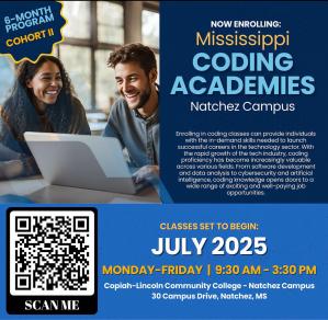 Cohort II for Mississippi Coding Academies Natchez Campus is now open for enrollment with classes set to begin in July 2025.