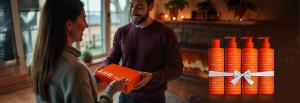 An athletic couple happily exchanging Active Recovery products as a valentine gift.