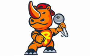 Rhinox Locksmith Las Vegas mascot holding a key, symbolizing expert locksmith services for residential, commercial, and automotive security.