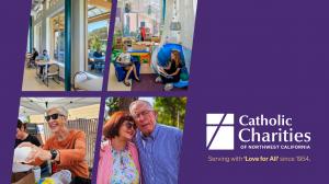 Adults receiving services at the Caritas Center Drop-In Center. Children playing in the Head Start room at Caritas Center. A volunteer providing food at a distribution site. Elderly friends smiling at each other.