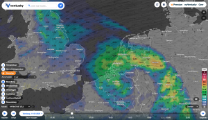Het nieuwe HARMONIE-model dat de noordwestelijke Europese kust bedekt met weersvoorspellingen.