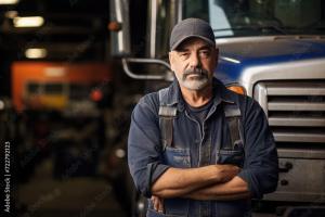 A diesel mechanic standing next to a truck, wearing work gear and ready for repairs, representing reliable truck maintenance and service.