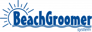 BeachGroomer logo featuring blue text with a stylized sun and waves, symbolizing high-quality shoreline maintenance and water care products.