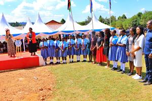 M. Teresa Lawrence, President and Executive Director of The Trueness Project, addresses students, scholars and dignitaries at Kereri Girls' during the launch of "Leading Forward: Kereri Girls' Leadership Journey" book. Photo: Godfrey Atsin'ga, The Trueness Project.