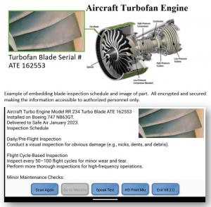 Decoded information obtained from an HD Barcode displays information about a specific Turbofan Engine Blade.