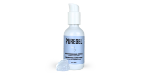 A bottle of PureGel™ with a small amount of gel shown on surface in front of the bottle.