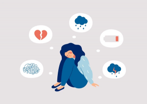 Animated illustration of a woman facing mental health issues.