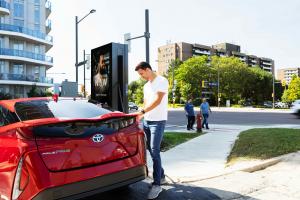 An image of a JOLT streetside EV charging station in Canada