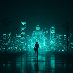 A silhouetted figure walks down a reflective pathway toward a futuristic cityscape illuminated by neon blue lights. The skyline blends modern skyscrapers with a glowing digital outline of a classical cathedral, evoking a cyberpunk metaverse aesthetic. The