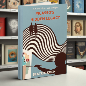 A hardcover copy of Picasso’s Hidden Legacy by Beatrix Koch displayed on a bookstore shelf, surrounded by various books with artistic and historical covers. The book cover features abstract imagery, a painter’s silhouette, and a surreal black-and-white wa