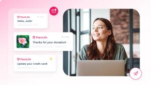 Three email subject lines float on the left side while an image of a white woman looking at her laptop anchors the right side. All are on a pink background.