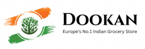 Dookan - Europe’s No.1 Indian Grocery Store logo with a tricolor brushstroke design, symbolizing authenticity, quality, and a connection to Indian roots.