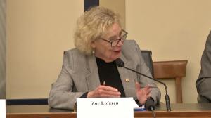 Congresswoman Zoe Lofgren speaking with Mrs. Maryam Rajavi during the 26 Feb 2025 House Hearing by the Congressional Iran Human Rights and Democracy Caucus where Mrs. Maryam Rajavi testified on the future of Iran, received bi-partisan legislative support of 150 members