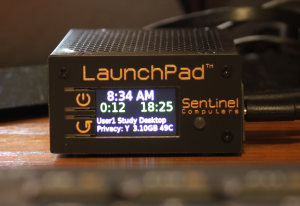 Sentinel Computers LLC, manufacturer of computers for videogame and social media addiction treatment, has today announced the Sentinel LaunchPad™, a new kind of desktop personal computer designed specifically for children to help educate, entertain and enrich their lives LaunchPad front panel shown with color display indicating time of day, time to screen break, remaining login time, privacy level and operating status. The front panel buttons serve many functions including power, volume, mute, login, logout and various login options.