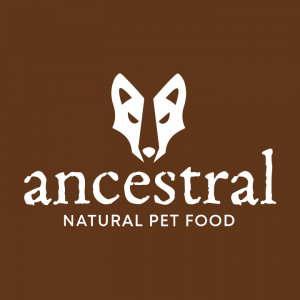 An illustration of a dog with the words Ancestral Patural Pet Food below.