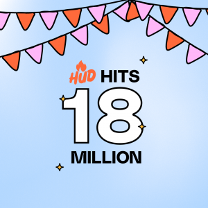 An illustration of orange and pink banners on a blue background, with the words "HUD hits 18 million".