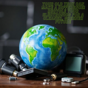 Image of a small earth sitting on-top of a desk with small electronics items that are ready for proper disposal with text reading "Your old tech can make a difference! Recycle your electronics for a cleaner, greener future."