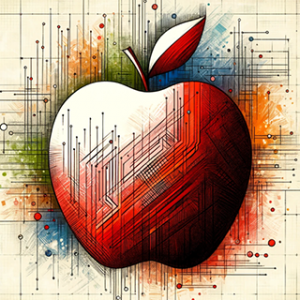 Red apple with heart design on technical blueprint background representing ScraperSky AI platform by Last Apple