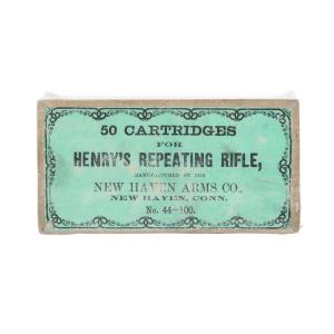 Circa 1863-1865 New Haven Arms .44 caliber rimfire ammunition box for the Henry rifle, a 2-piece cardboard box containing 50 copper case rim fire cartridges (est. CA$12,000-$18,000).