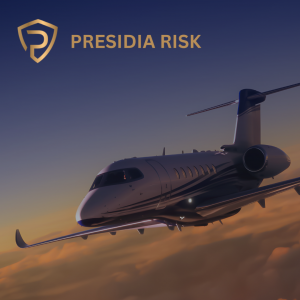 Private jet flying at sunset with Presidia Risk logo, symbolizing elite security solutions for UHNW travelers.