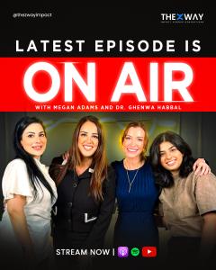 Promotional image for The Z Way Podcast featuring Megan Adams, Dr. Ghenwa Habbal, and hosts, smiling warmly together. Text reads: ‘ON AIR with Megan Adams and Dr. Ghenwa Habbal. Stream now on Apple Podcasts, Spotify, and YouTube.