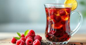 Raspberry nice Cool Glass mug with fruits and tea to show the beauty of drinking tea.